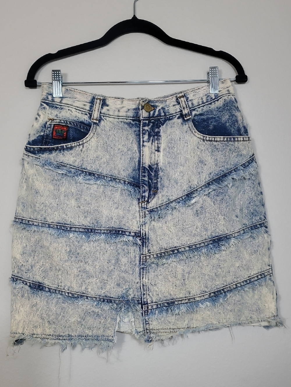Y2K JouJou Acid Wash Denim Skirt Size S Fringe Grunge Whimsigoth 90s Festival